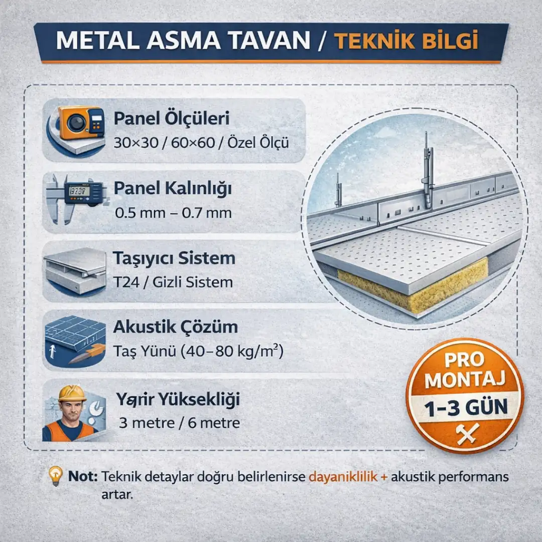 Metal asma tavan teknik bilgi panel kalınlığı 0.5 mm 0.7 mm taşıyıcı sistem clip-in lay-in teknik detaylar İstanbul