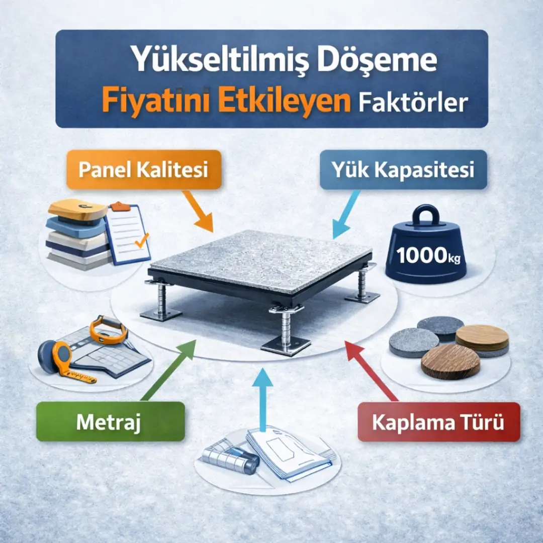 Yükseltilmiş döşeme fiyatlarını etkileyen faktörler panel kalitesi metraj ve yük kapasitesi infografik
