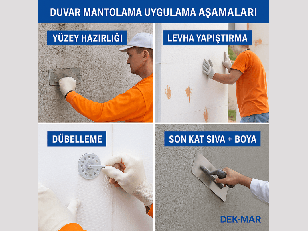 Duvar mantolama uygulama aşamaları: yüzey hazırlığı, levha yapıştırma, dübelleme ve sıva. 