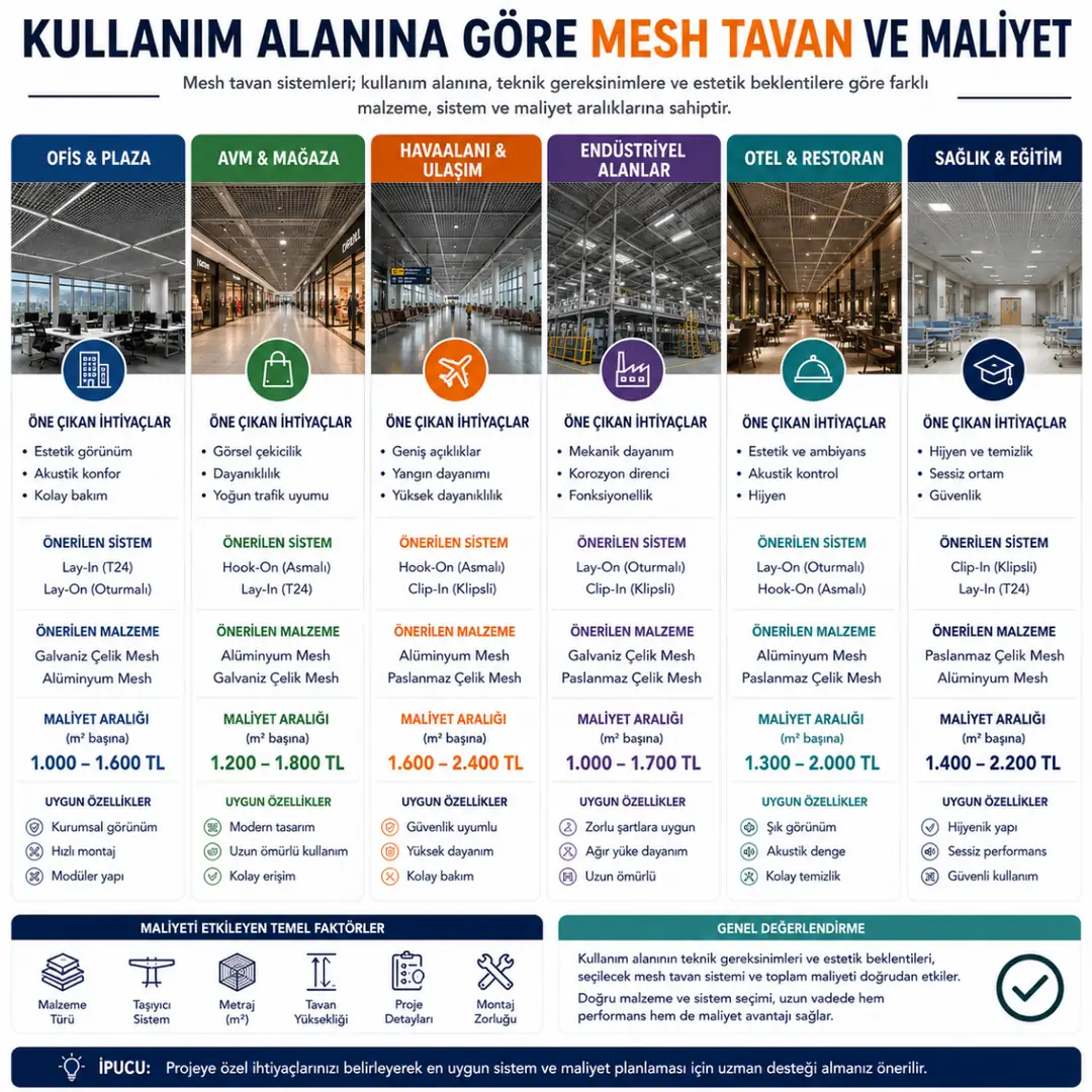 Ofis, AVM, havalimanı, endüstriyel tesis, otel ve sağlık yapılarında kullanılan mesh tavan sistemlerinin maliyet ve kullanım alanı karşılaştırması