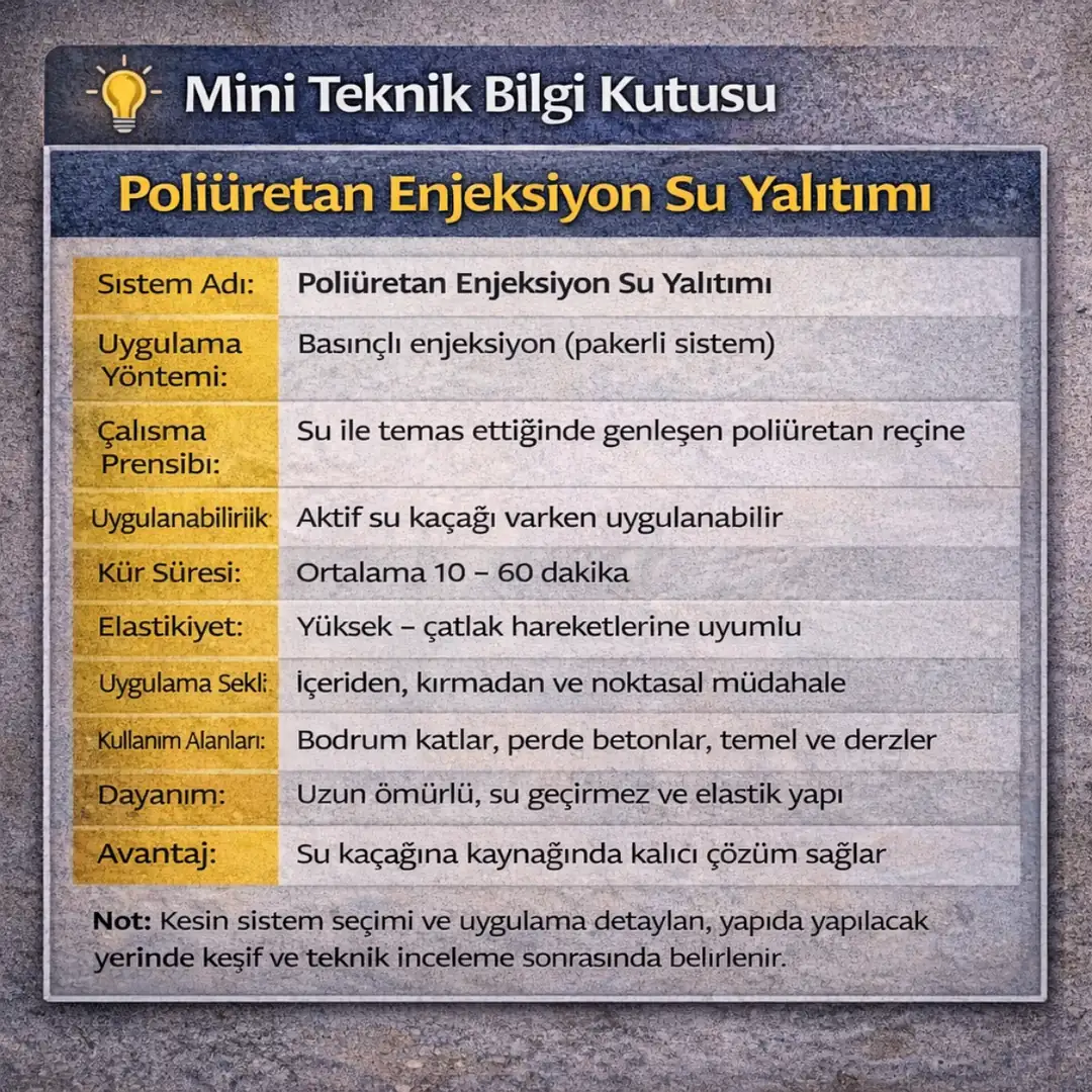 Poliüretan enjeksiyon su yalıtımı mini teknik bilgi kutusu – uygulama yöntemi, kür süresi, elastikiyet ve kullanım alanları&nbsp;