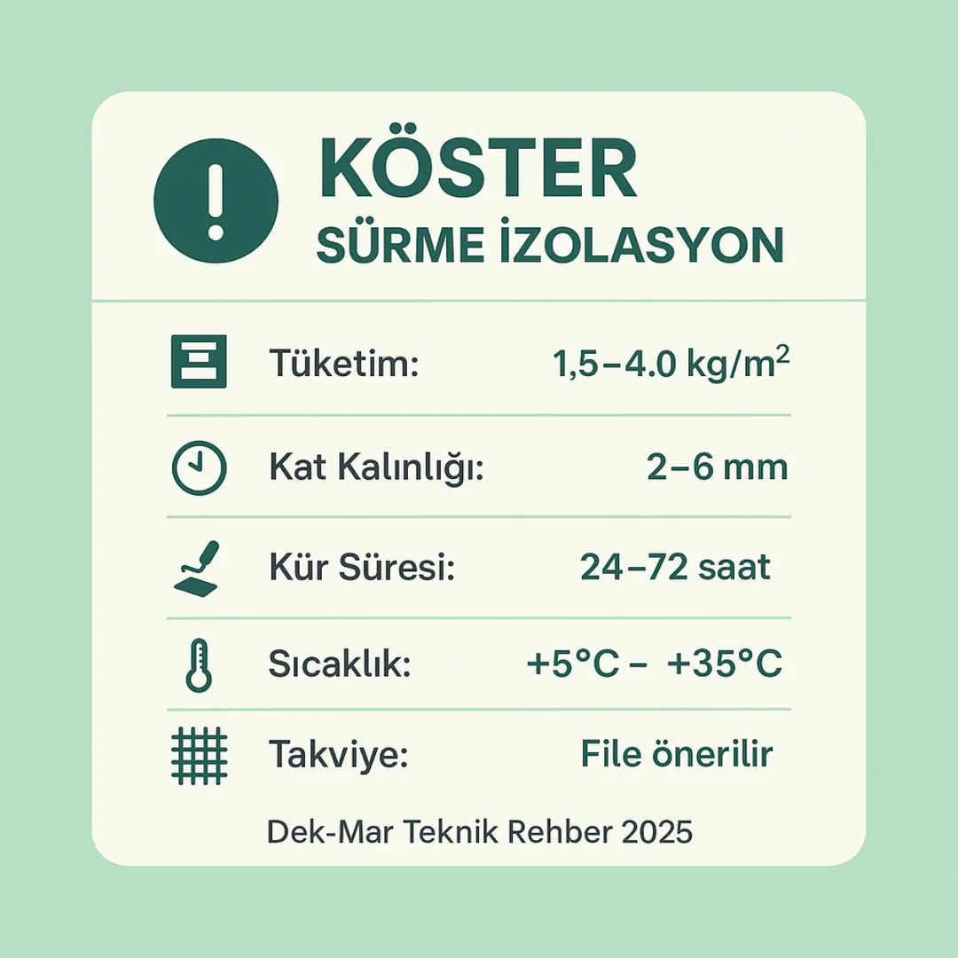 KÖSTER sürme izolasyon teknik bilgi kutusu – tüketim, kat kalınlığı, kür süresi, uygulama sıcaklığı – Dek-Mar Teknik Rehber 2025