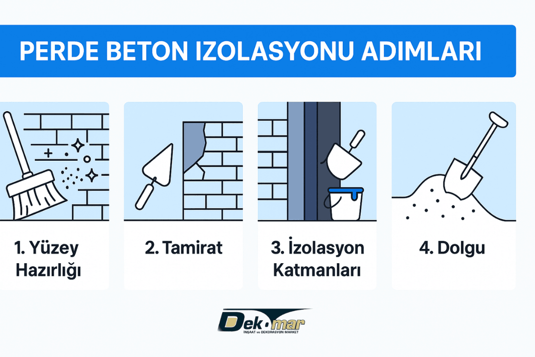 Perde beton izolasyonu adımları: yüzey hazırlığı, tamirat, izolasyon katmanları, koruma.