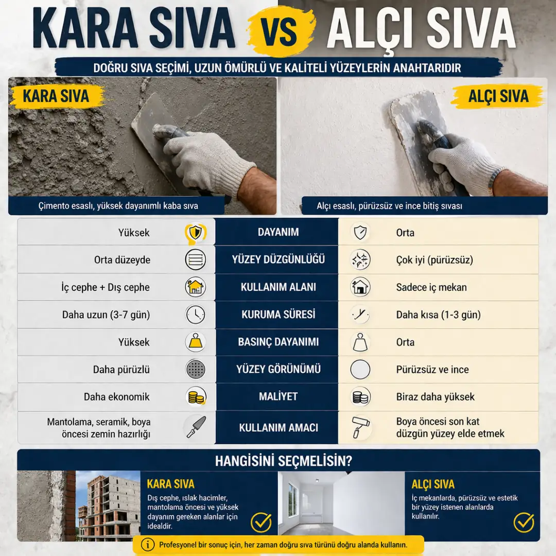 Kara sıva ve alçı sıva arasındaki farkları gösteren duvar yüzeyi karşılaştırması pürüzlü ve düzgün yüzey detayları&nbsp;