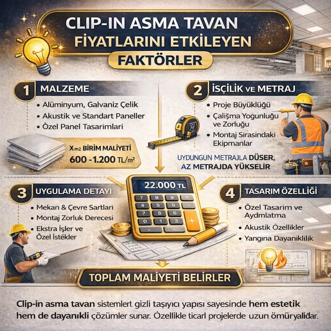 clip-in asma tavan fiyatlarını etkileyen faktörler malzeme işçilik metraj ve uygulama detayları&nbsp;