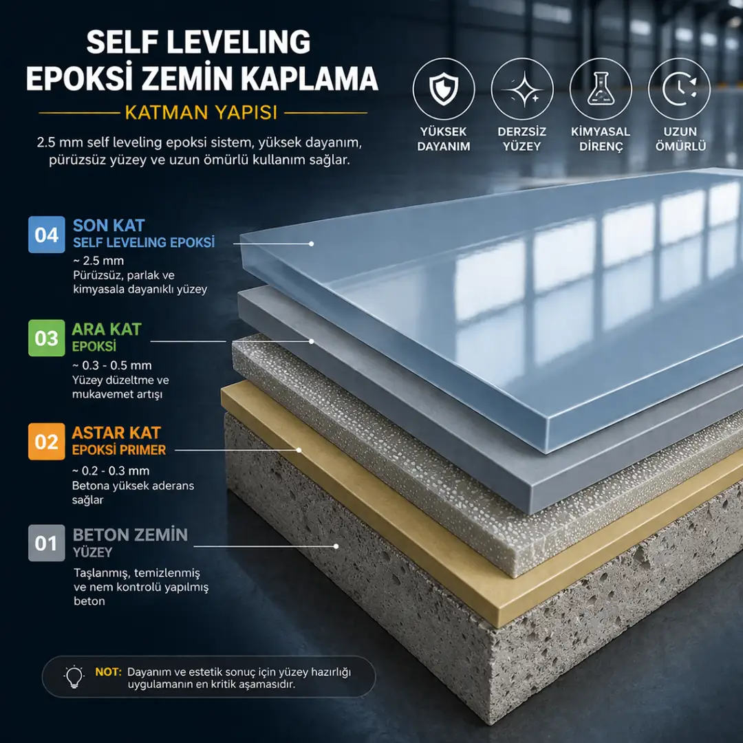 epoksi zemin kaplama katman yapısı, astar ara kat ve self leveling son kat teknik şeması&nbsp;