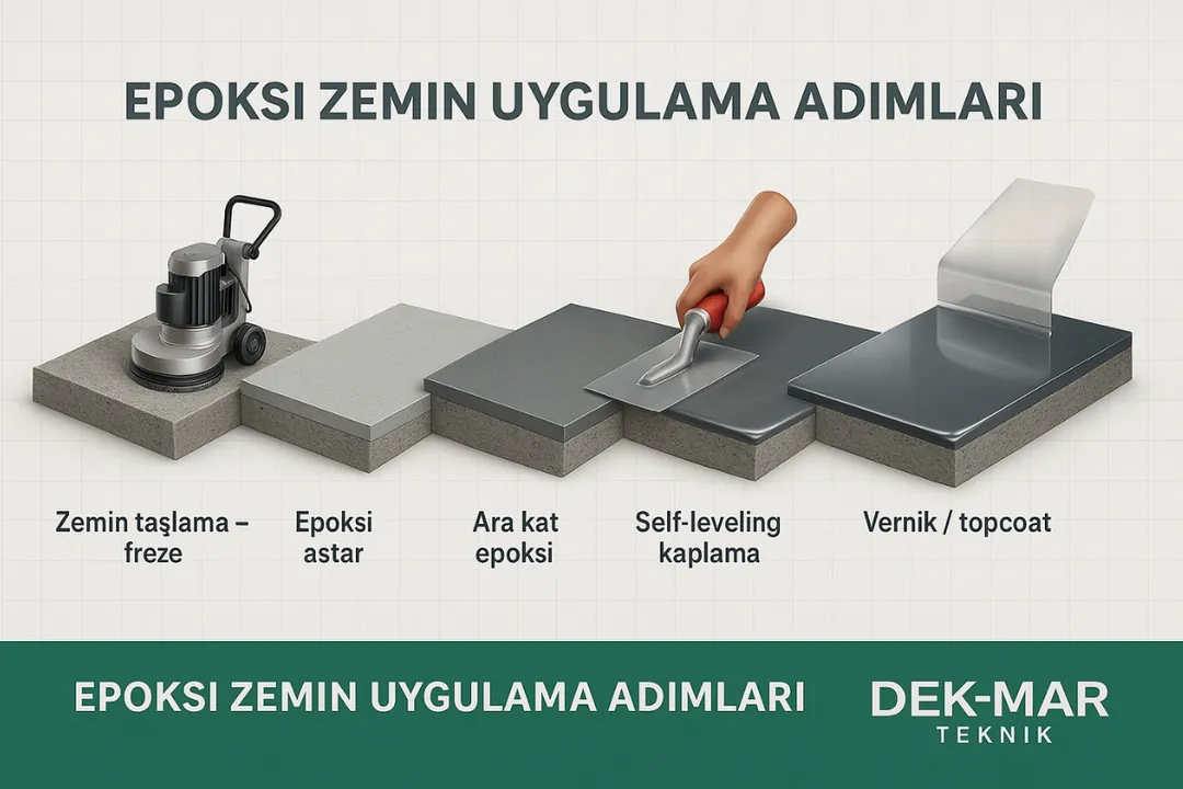 Epoksi zemin kaplama uygulama adımları – astar, ara kat, self-leveling uygulama – teknik şema – Dek-Mar.