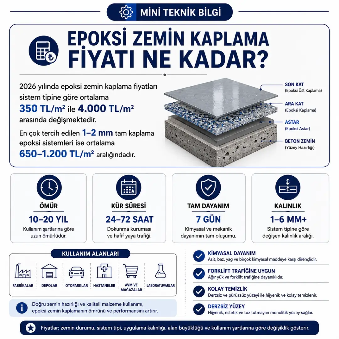 Epoksi zemin kaplama fiyatı, uygulama kalınlığı, kullanım ömrü ve kür süresi hakkında teknik bilgi özeti&nbsp;
