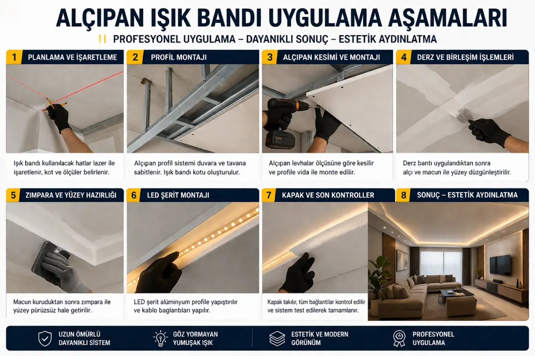 Alçıpan ışık bandı uygulama aşamaları profil montajı LED yerleşimi saha görüntüsü&nbsp;