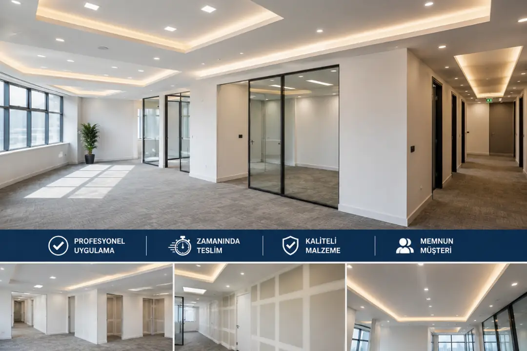 Dek-Mar İnşaat alçıpan asma tavan ve bölme duvar uygulaması tamamlanmış modern ofis projesi.
