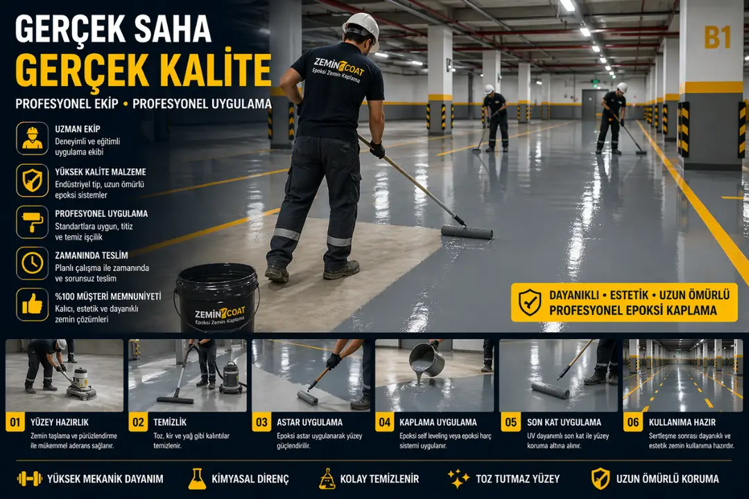 Epoksi otopark zemin kaplama uygulaması saha çalışması gerçek görüntü&nbsp;