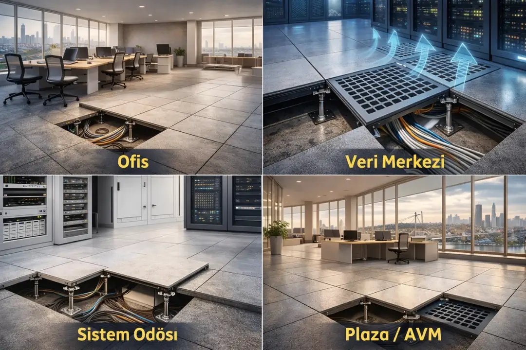Ofis, veri merkezi ve sistem odaları için yükseltilmiş döşeme kullanım alanları&nbsp;