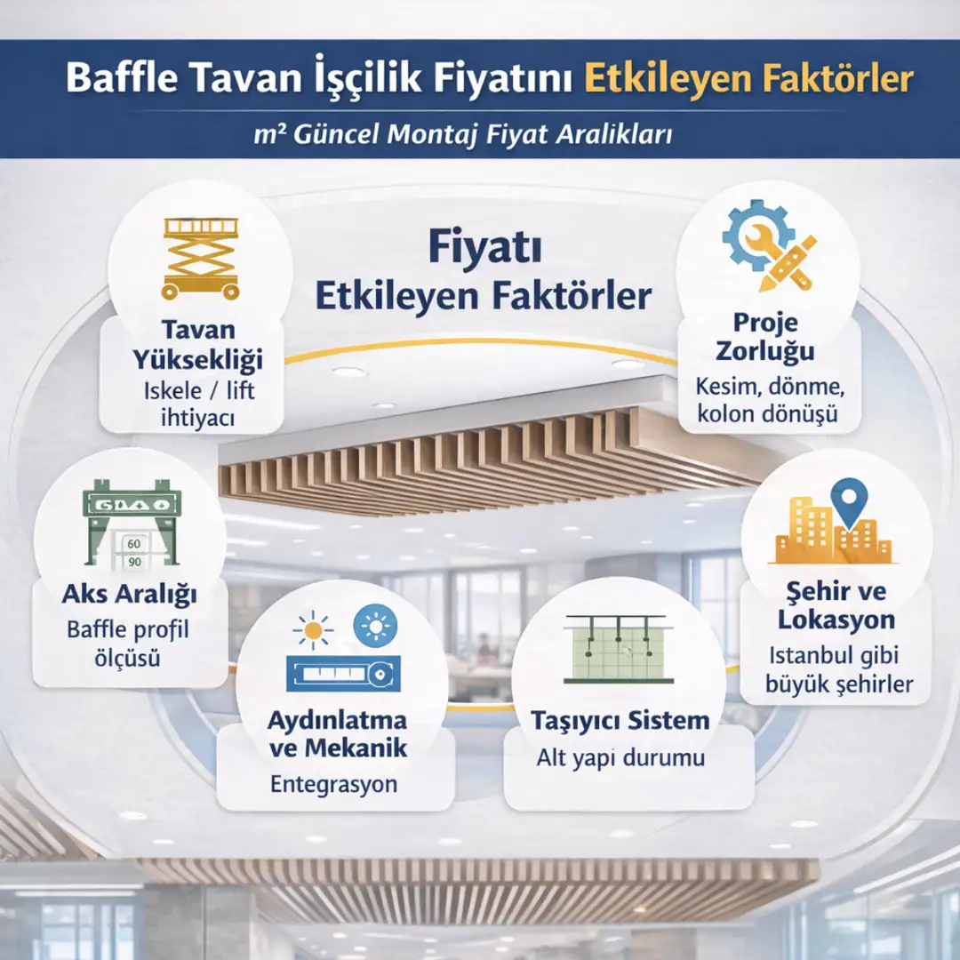 Baffle tavan işçilik fiyatını etkileyen faktörler, tavan yüksekliği, malzeme türü, montaj zorluğu ve proje büyüklüğü