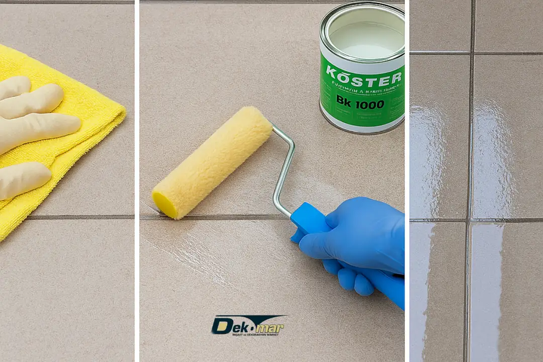 KÖSTER BK 1000 fayans üstü izolasyon uygulama aşamaları: temizlik, rulo ile sürme ve parlak yüzey sonucu.&nbsp;