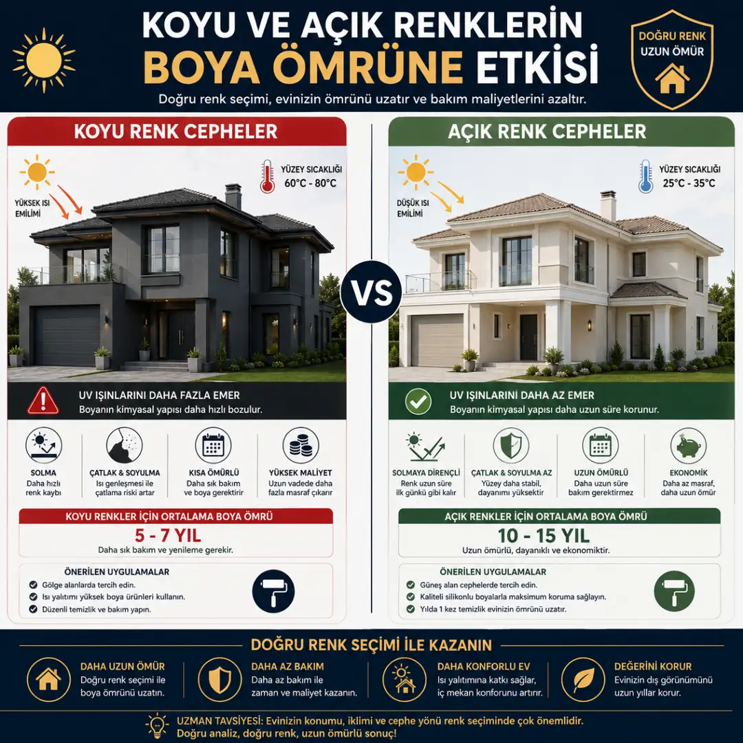Koyu ve açık dış cephe boya renklerinin güneş dayanımı ve ömür karşılaştırması