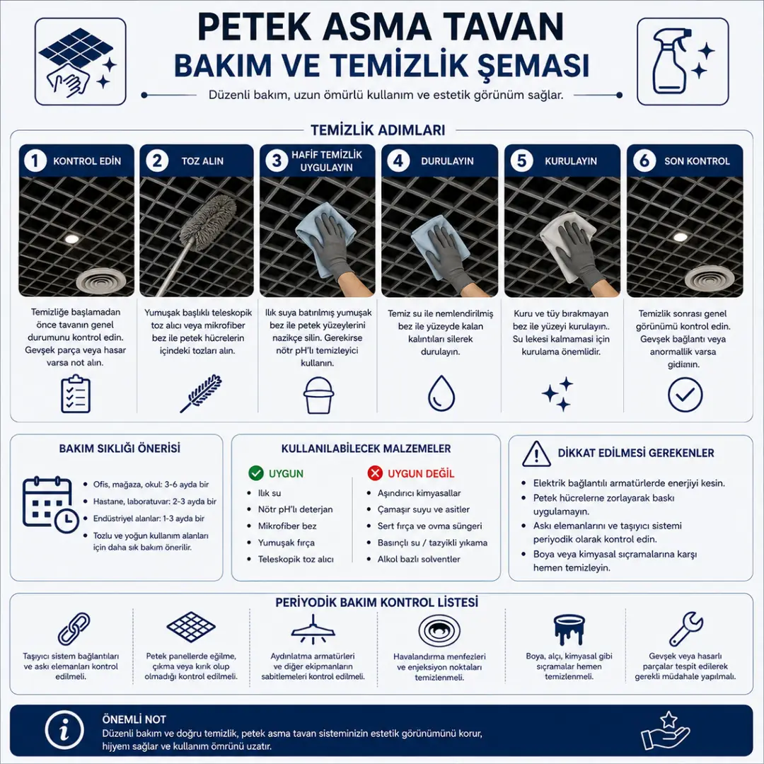 Petek asma tavan panellerinin bakım ve temizlik işlemlerinin gösterimi&nbsp;