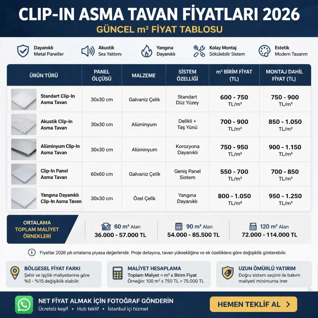 Clip-in asma tavan fiyatları 2026 m2 fiyat tablosu ve örnek maliyet hesaplama detayları&nbsp;