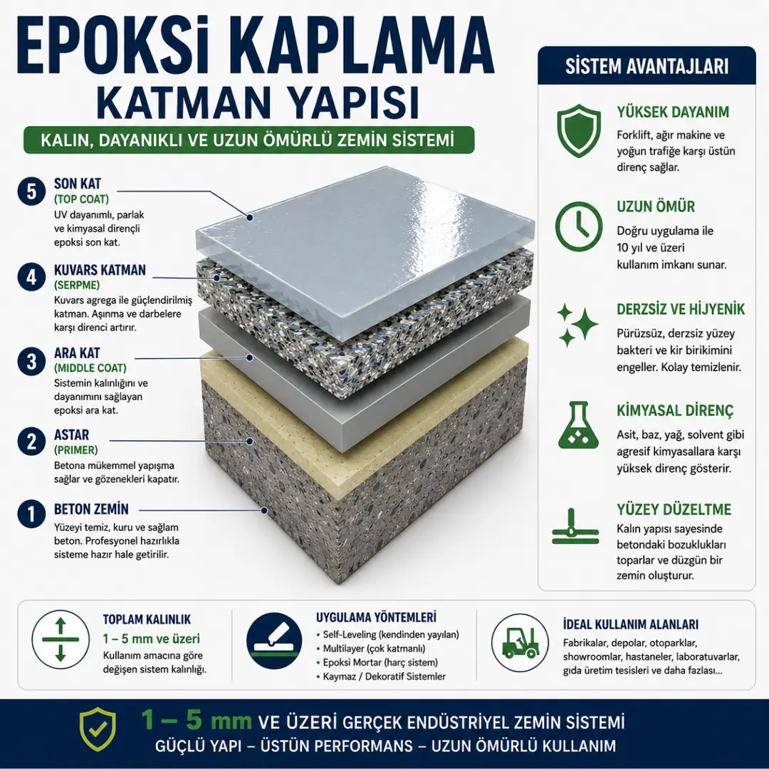 Epoksi kaplama katman yapısı ve sistem kesiti