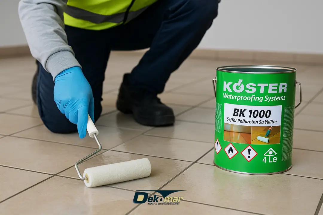 Usta, elinde rulo ile KÖSTER BK 1000 ürününü fayans üzerine uyguluyor; ürün kutusu ön planda görünüyor.&nbsp;