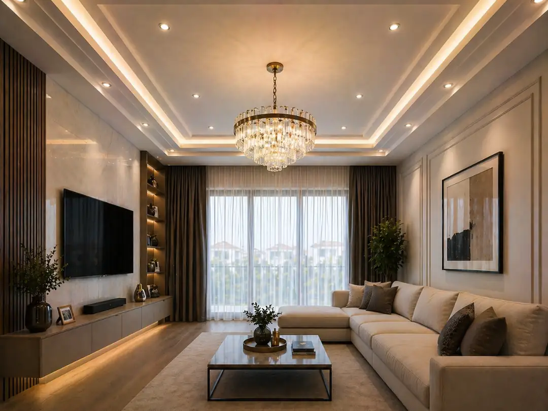 bordürlü ledli ve sarkıt avizeli modern salon tavan tasarımı&nbsp;