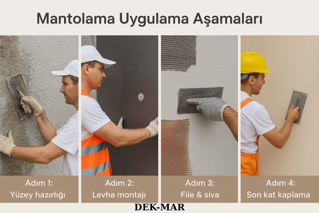 Mantolama uygulama aşamaları: hazırlık, levha montajı, file-sıva ve son kat kaplama. 