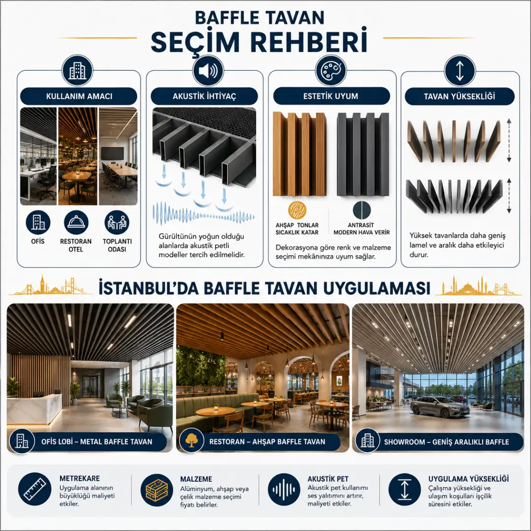 Baffle tavan seçim rehberi ve İstanbul uygulama örnekleri; ofis, restoran ve showroomlarda ahşap ve metal lamel tavan çözümleri.