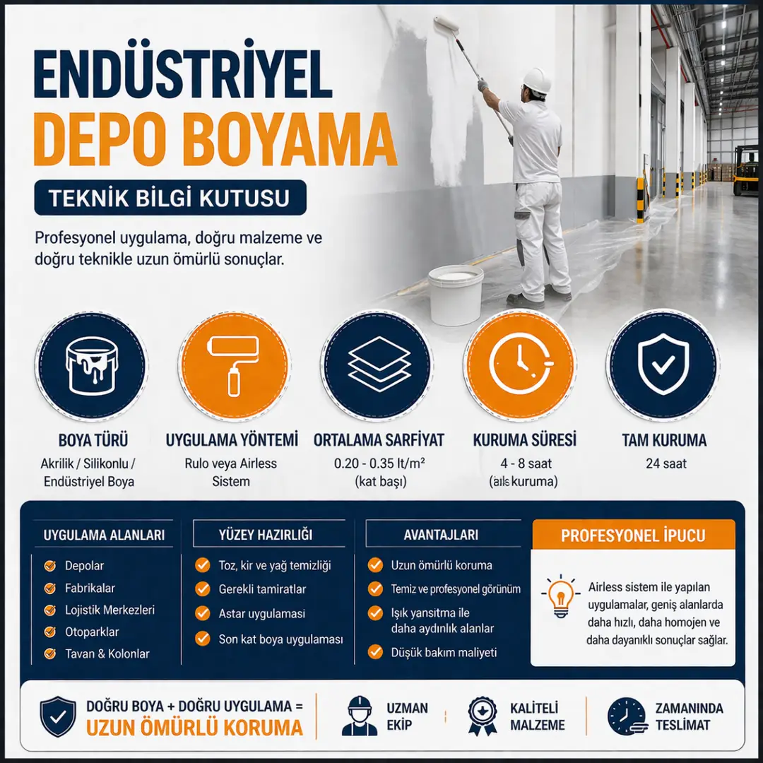 Endüstriyel depo boyama teknik bilgileri boya türü sarfiyat kuruma süresi ve uygulama detaylarını içeren mini teknik rehber