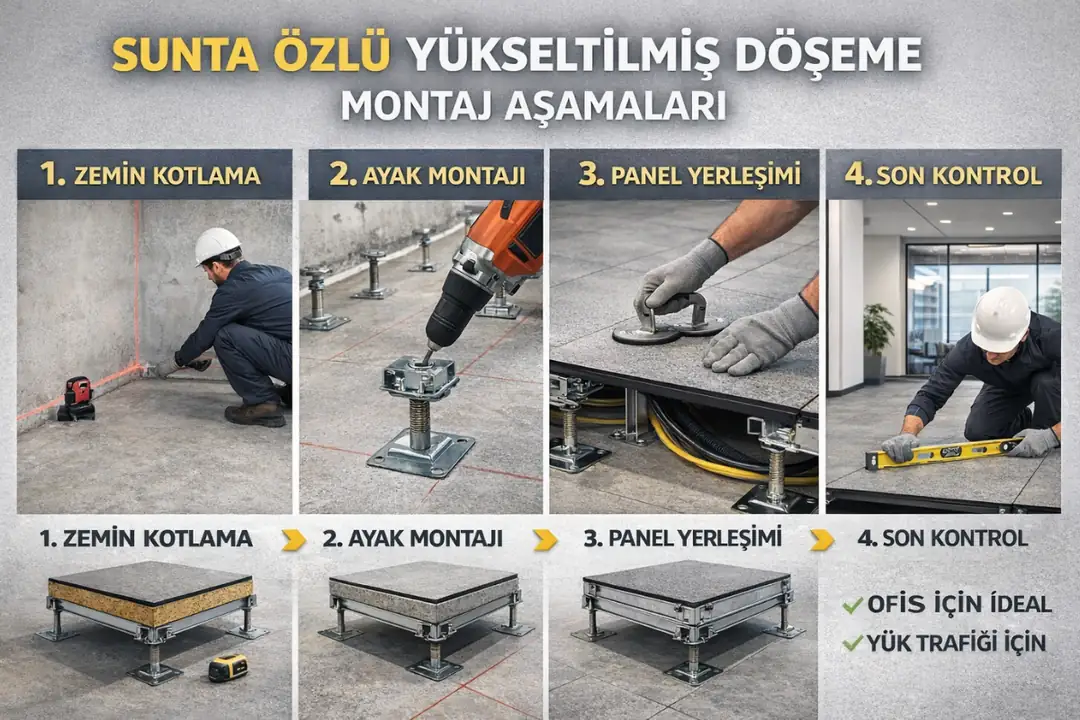 Sunta özlü yükseltilmiş döşeme montaj aşamaları adım adım