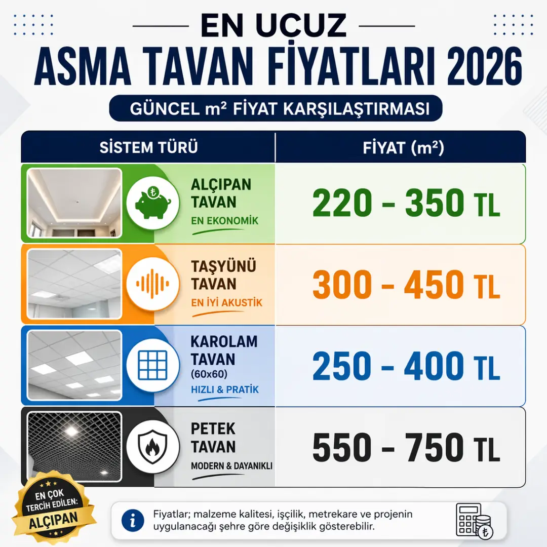 En ucuz asma tavan fiyatları 2026 metrekare bazında karşılaştırma tablosu