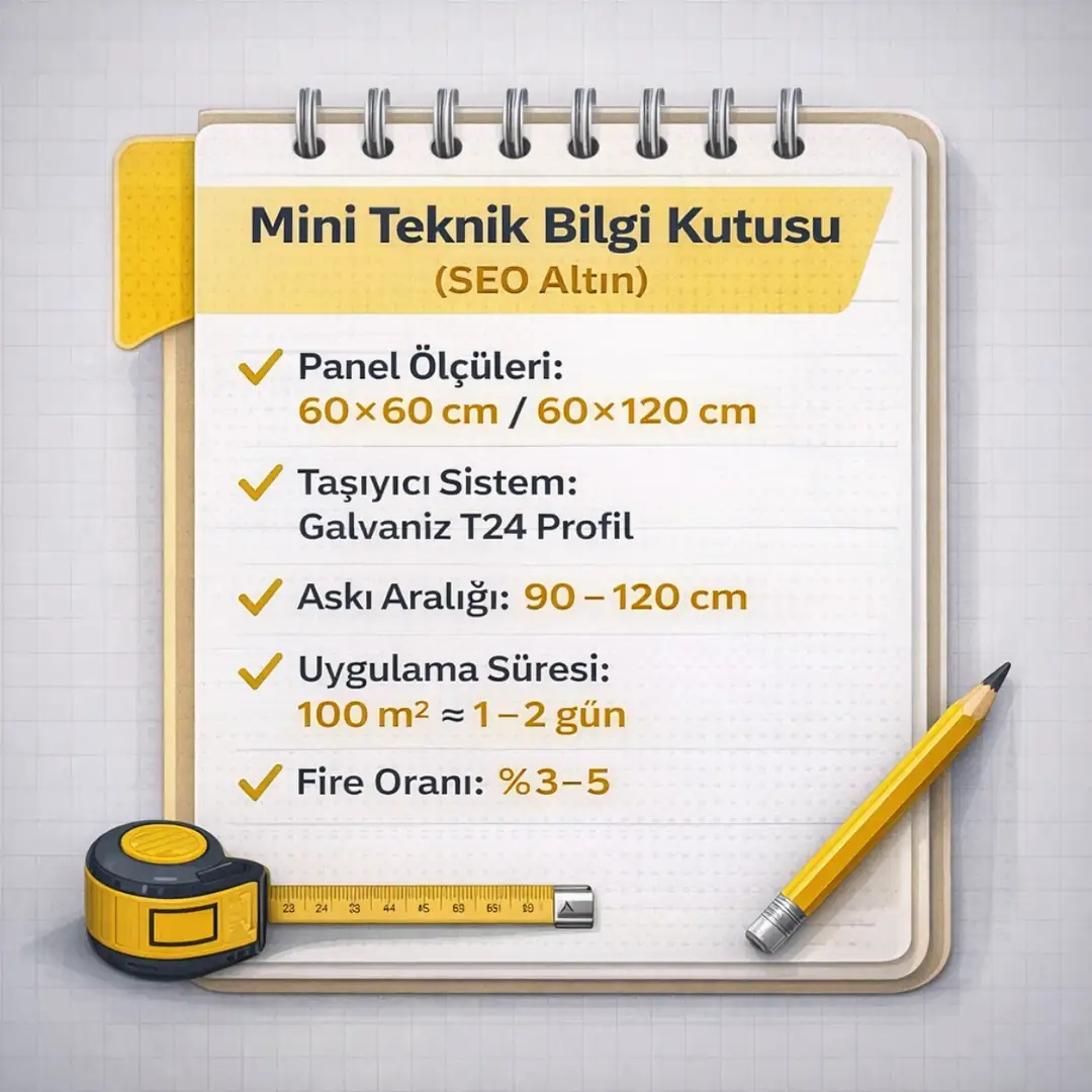 Karolam asma tavan teknik bilgi kutusu T24 taşıyıcı sistem panel ölçüleri askı aralığı uygulama süresi ve montaj detayları&nbsp;