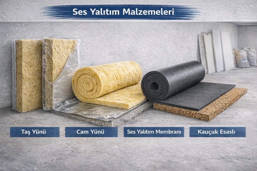 Ses yalıtım malzemeleri; taş yünü, cam yünü, ses yalıtım membranı ve kauçuk esaslı izolasyon ürünleri
