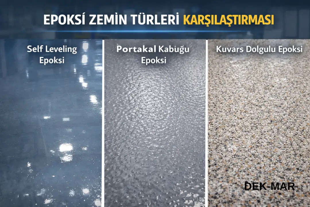 Self leveling epoksi, portakal kabuğu epoksi ve kuvars dolgulu epoksi zemin türlerinin yüzey ve doku karşılaştırması.&nbsp;