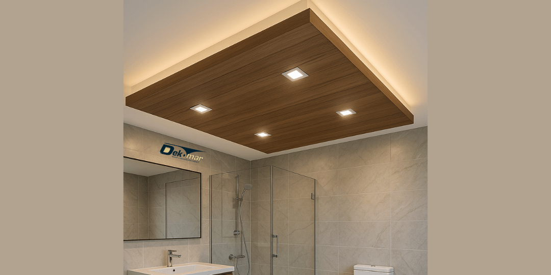 Ahşap görünümlü LED aydınlatmalı modern banyo asma tavan tasarımı