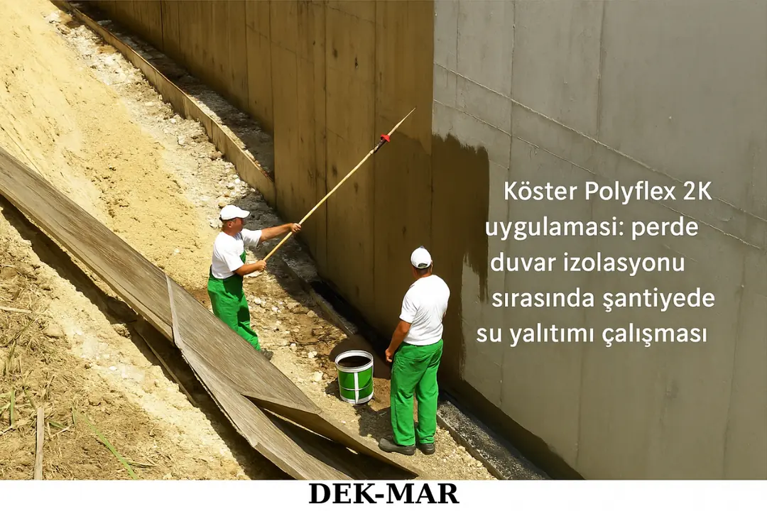 Köster Polyflex 2K uygulaması: perde duvar izolasyonu sırasında şantiyede su yalıtımı çalışması.