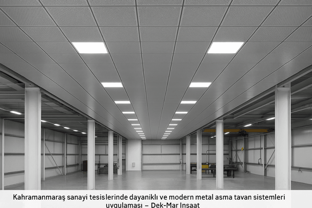 Kahramanmaraş sanayi tesislerinde dayanıklı ve modern metal asma tavan sistemleri uygulaması – Dek-Mar İnşaat.