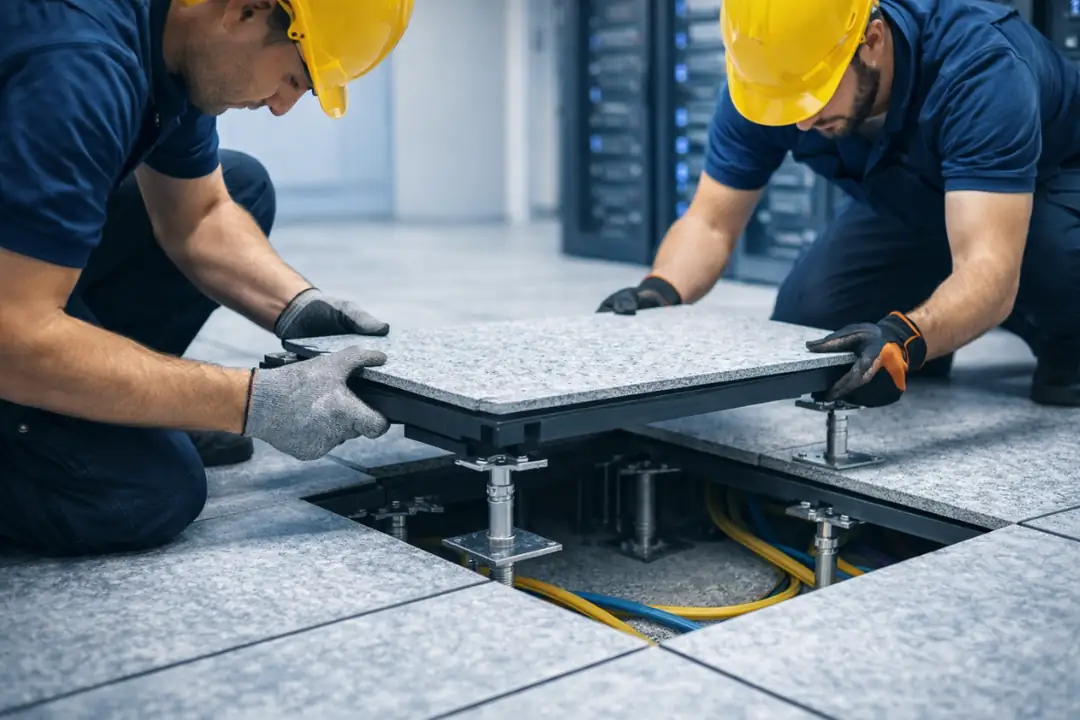 Yükseltilmiş döşeme uygulama süreci saha çalışması panel montajı teknik ekip detaylı görünüm