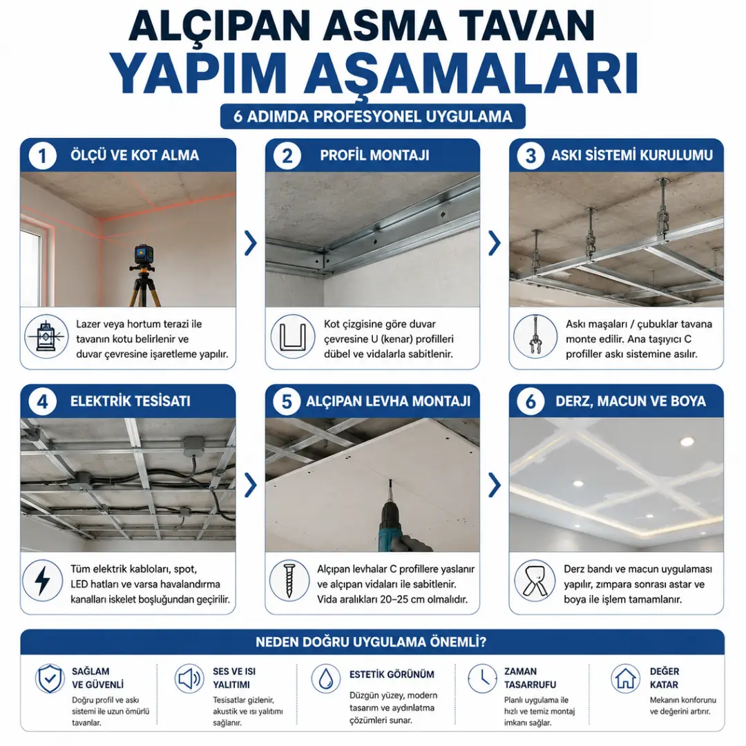 Alçıpan asma tavan yapım aşamaları infografiği&nbsp;