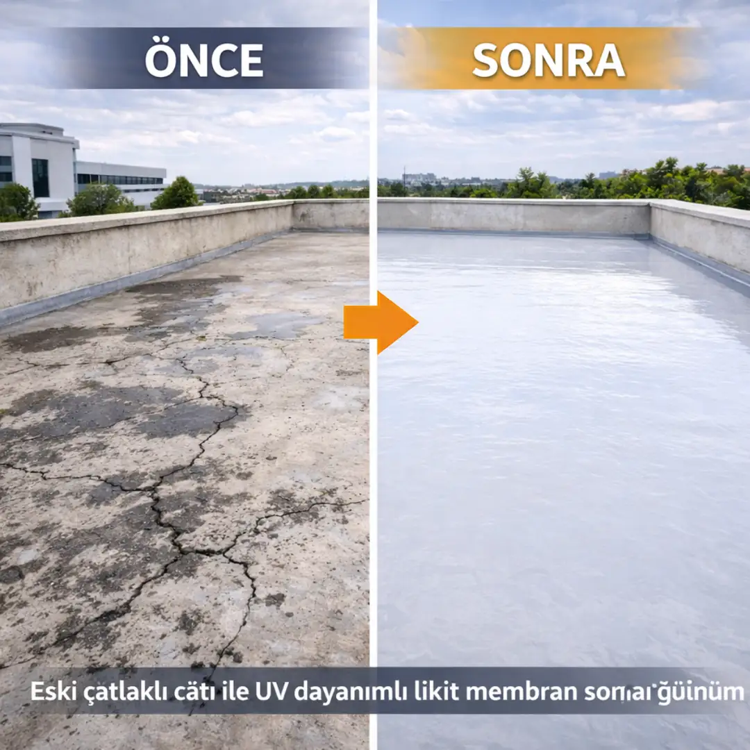 Eski çatlaklı çatı ile UV dayanımlı likit membran sonrası görünüm
