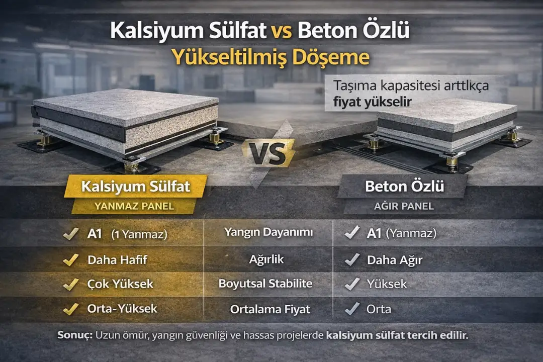 Kalsiyum sülfat ve beton özlü yükseltilmiş döşeme karşılaştırması