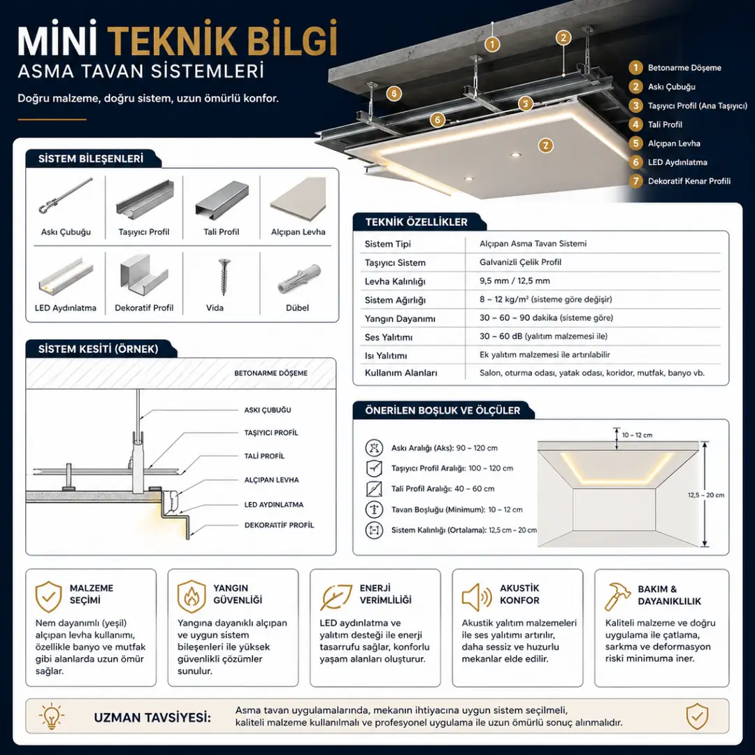 Asma tavan teknik bilgiler kot kaybı spot aralığı led ışık ve tavan yüksekliği detayları