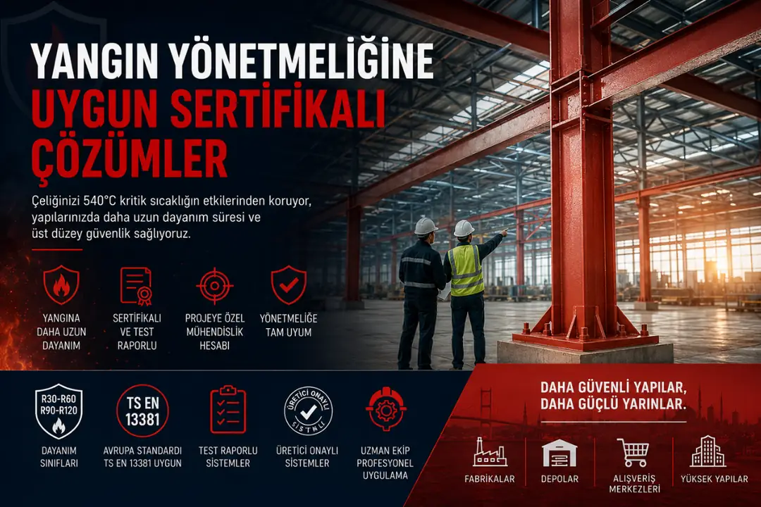 Sertifikalı yangın geciktirici boya ile korunan çelik fabrika yapısı&nbsp;