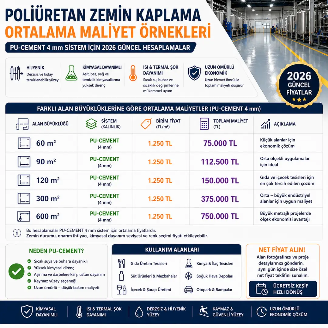 Poliüretan endüstriyel zemin ortalama maliyet örnekleri 60 m2 120 m2 300 m2&nbsp;
