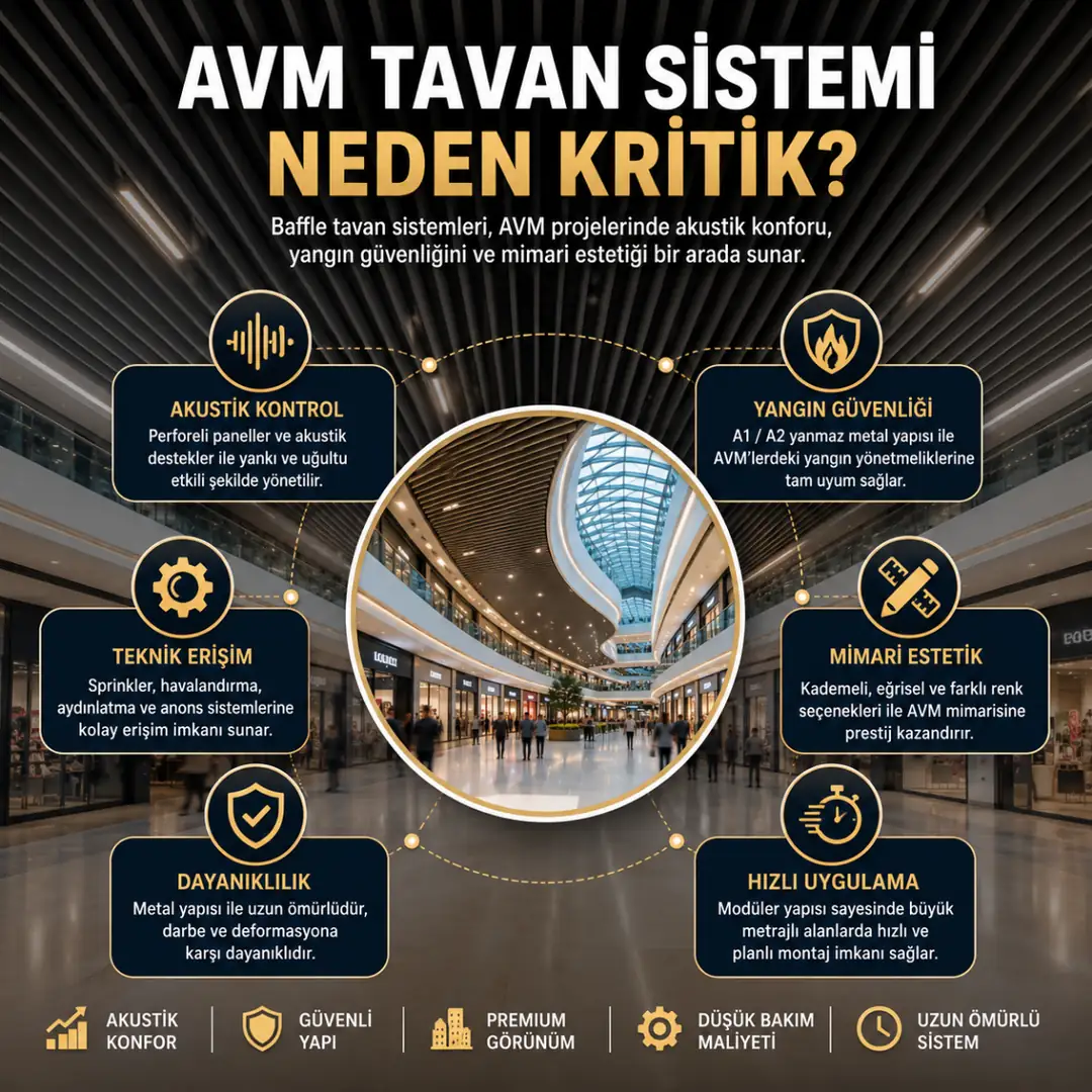 AVM baffle tavan sistemlerinin avantajları ve teknik özellikleri