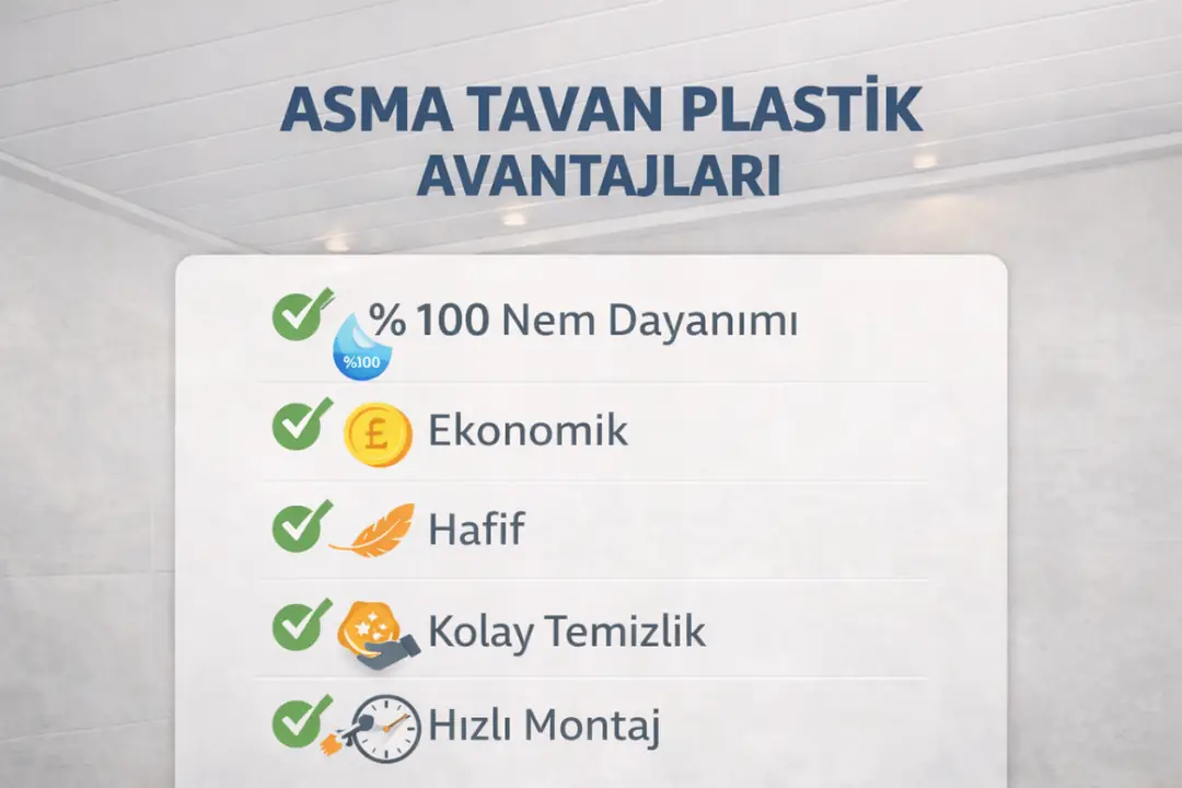 Asma tavan plastik sistemlerinin avantajlarını gösteren infografik&nbsp;