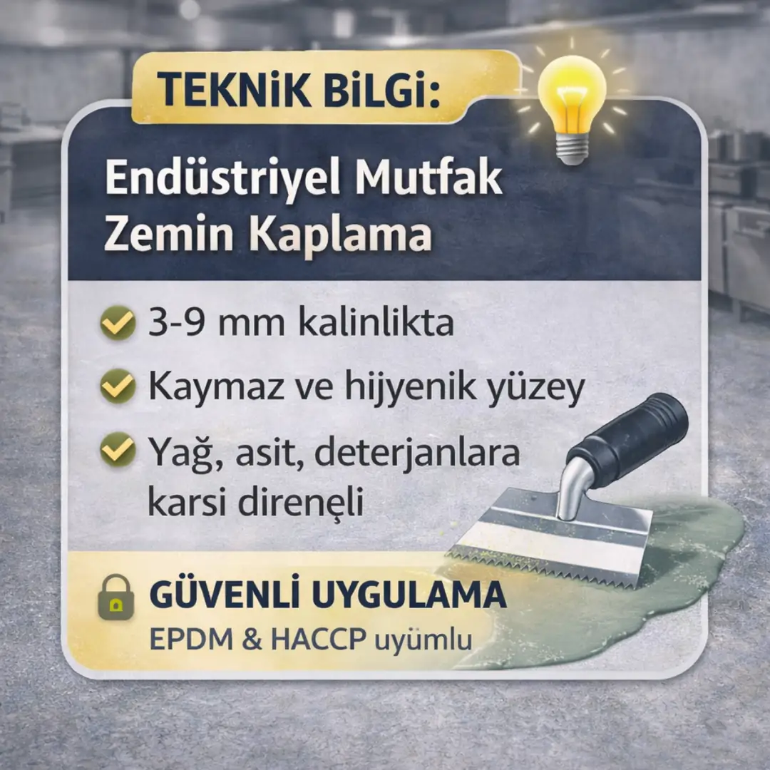 Endüstriyel mutfak zemin kaplama teknik bilgileri; kalınlık, kaymazlık, kimyasal dayanım ve HACCP uyumlu sistemler