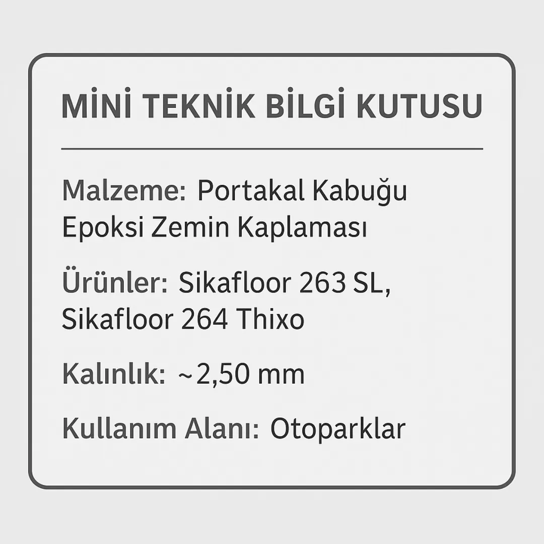 “Portakal kabuğu epoksi zemin kaplaması mini teknik bilgi kutusu – malzeme, kalınlık, ürünler ve kullanım alanı – Dek-Mar İnşaat 2025” 