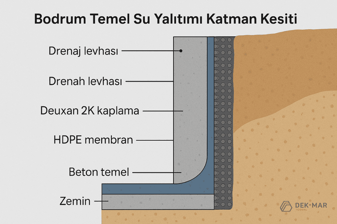 Bodrum temel su yalıtımı teknik kesiti – Deuxan 2K, HDPE, GCL ve drenaj levhası tabakalı sistem görünümü.