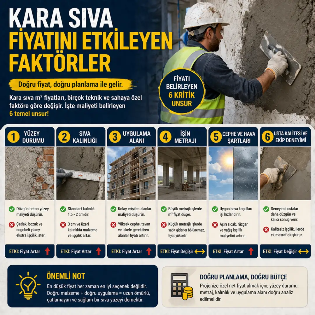 Kara sıva işçilik fiyatlarını etkileyen faktörler yüzey durumu sıva kalınlığı metraj hava şartları ve uygulama zorluklarını gösteren infografik&nbsp;