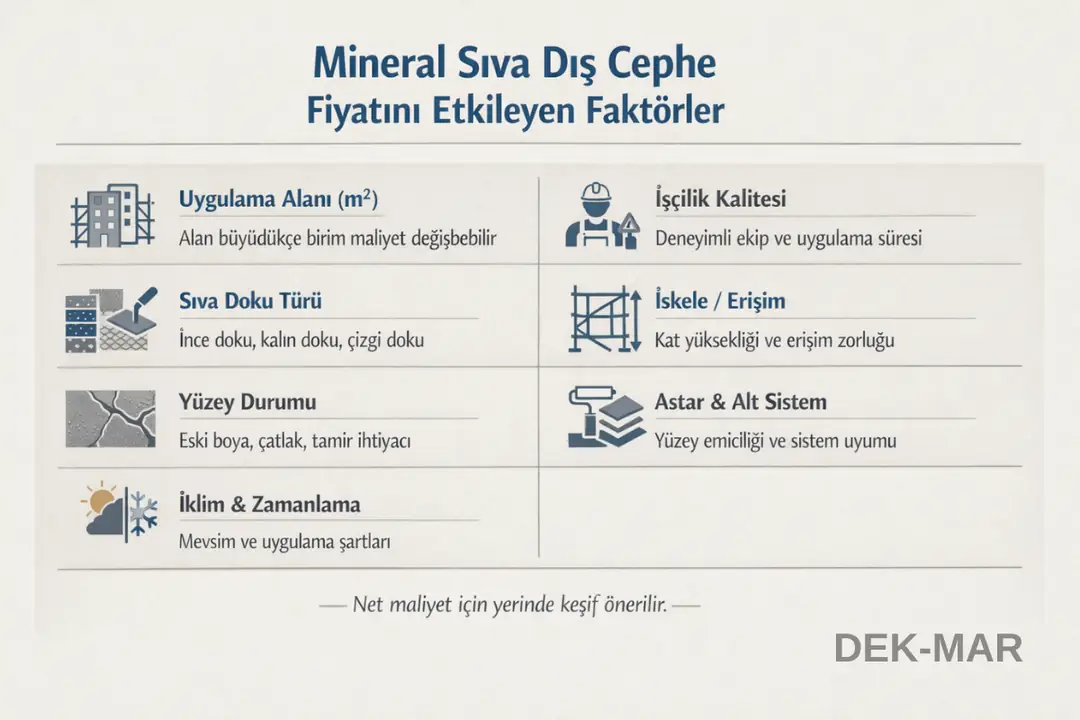 Mineral sıva dış cephe fiyatını etkileyen faktörler; uygulama alanı, doku türü, yüzey durumu, işçilik ve iskele koşulları.&nbsp;