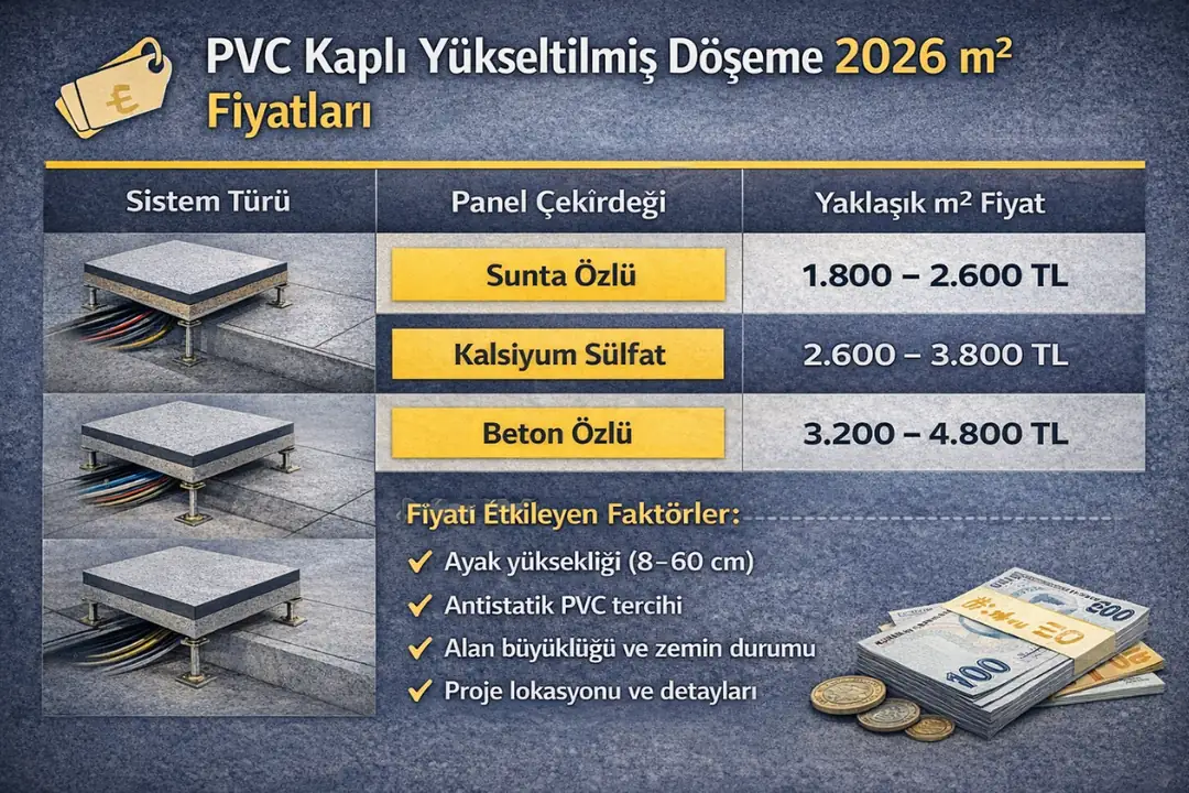 PVC kaplı yükseltilmiş döşeme 2026 m2 fiyatları karşılaştırma tablosu